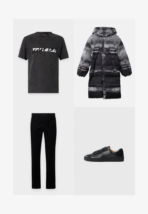 Manteau rembourré noir et gris avec capuche, présentant un motif abstrait, des boutons-pression et des poches latérales. Texture douce et isolante.; T-shirt en coton noir avec un col ras du cou, affichant un design graphique blanc audacieux et usé sur la poitrine. Manches courtes.; Pantalons en velours côtelé noirs avec une coupe droite, dotés de poches avant et d'une fermeture par bouton en métal. Texture douce avec des côtes verticales.; Baskets en cuir noir avec une texture lisse, bout rond et fermeture à lacets. Comprend une semelle en caoutchouc épaisse et un minimum de détails de marque.