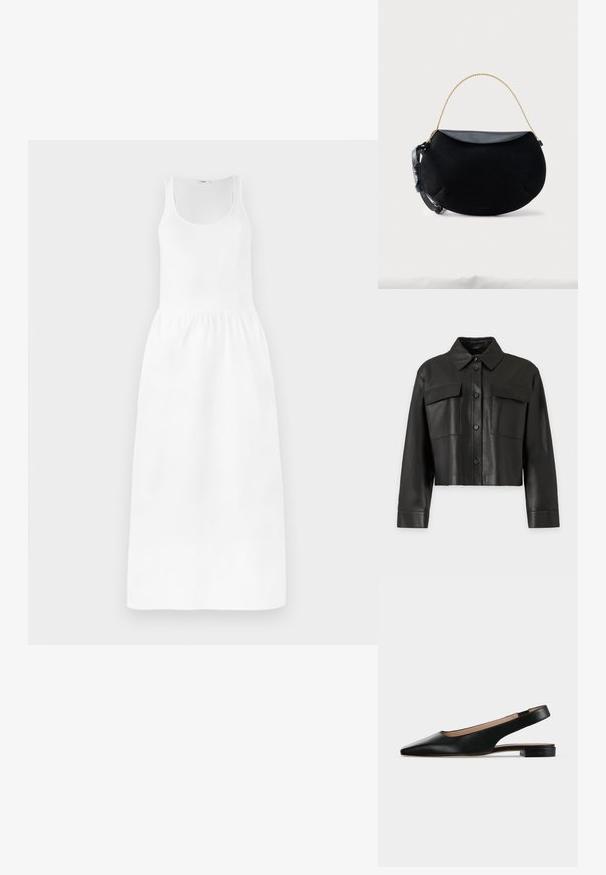 Zwarte cropped leren jas met lange mouwen, knoopsluiting aan de voorkant, een puntige kraag en twee borstzakken met klep tegen een effen achtergrond.; Witte maxi-jurk met een mouwloos ontwerp, ronde halslijn, strakke taille en vloeiende rok. Gemaakt van een lichtgewicht stof.; Zwarte leren slingback platte schoen met spitse neus en lage vierkante hak op een witte achtergrond.; Zwart handtas in halve maanvorm met glad leren klep, gouden kettinghandvat en verstelbare zwarte leren riem, geplaatst op een witte achtergrond.