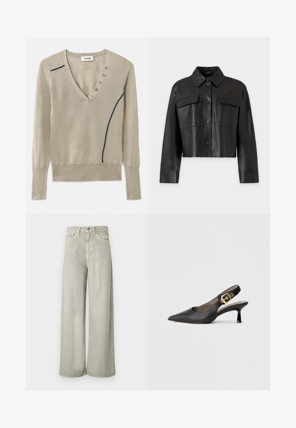 Veste en cuir noire courte avec manches longues, fermeture à boutons sur le devant, col pointu et deux poches poitrine à rabat sur un fond uni.; Pull à col en V tricoté en beige clair, avec une ligne d'accent marine et un détail de cinq boutons sur le devant, doté de manches longues et de poignets côtelés.; Jean large gris clair en denim, doté d'une taille mi-haute, de poches avant et d'une texture subtile. Détail du bouton en cuivre à la taille.; Chaussure à talon haut noire à bride arrière, avec un bout pointu, une texture en cuir lisse et une accent de boucle dorée sur la bride.