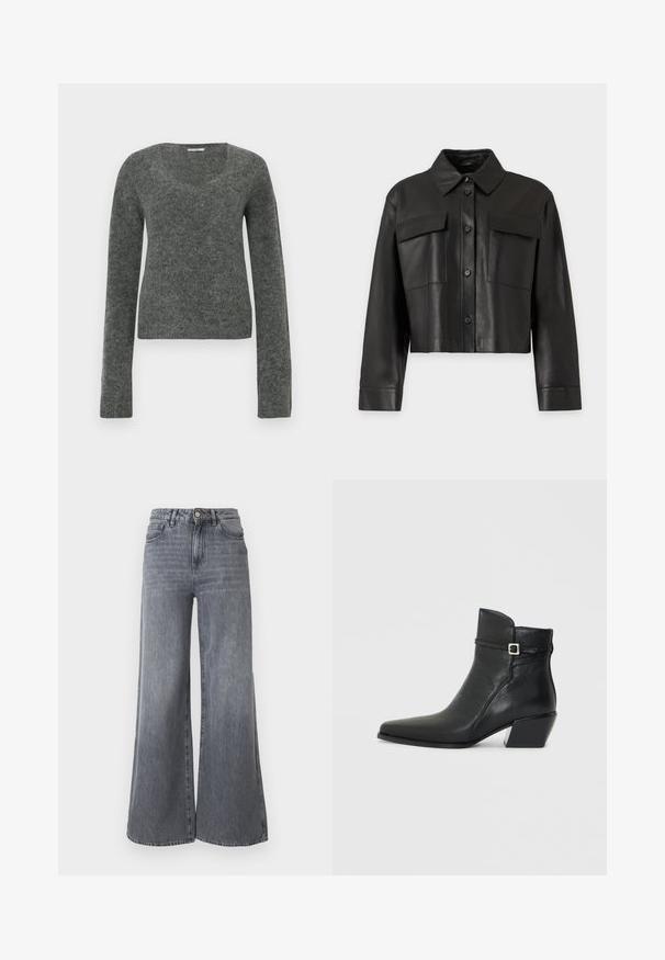Veste en cuir noire courte avec manches longues, fermeture à boutons sur le devant, col pointu et deux poches poitrine à rabat sur un fond uni.; Pull gris à manches longues en tissu doux et texturé, avec un col large et arrondi et une silhouette ajustée.; Jean à jambes larges en denim gris délavé. Comprend cinq poches, une fermeture avant par bouton, et une taille haute avec une finition texturée subtile.; Bottines en cuir noir avec un bout pointu, un petit talon carré et une sangle décorative avec une boucle en argent. Texture lisse.