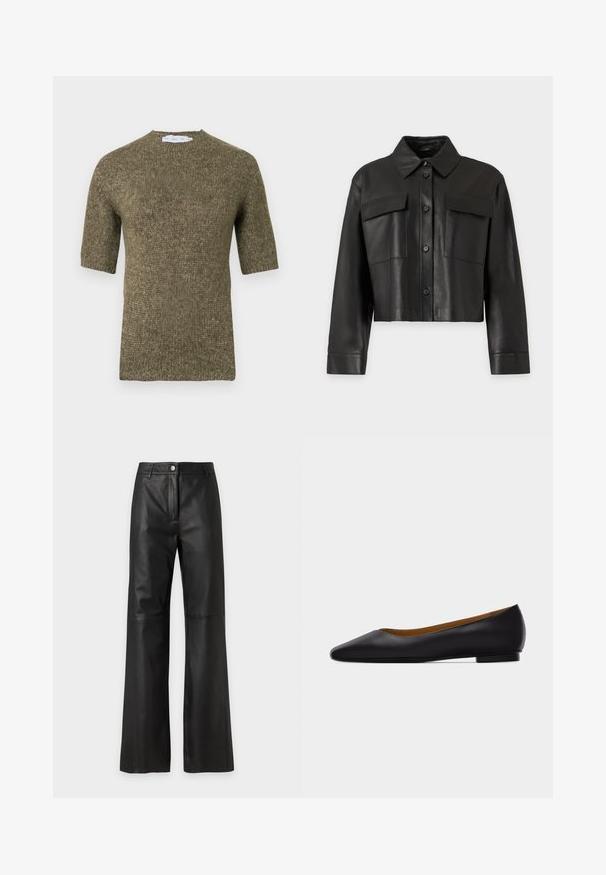 Veste en cuir noire courte avec manches longues, fermeture à boutons sur le devant, col pointu et deux poches poitrine à rabat sur un fond uni.; Pull en tricot à manches courtes, vert olive, avec un motif texturé et un col arrondi, présentant des détails côtelés sur les manches et l'ourlet.; Pantalon noir taille haute en simili cuir avec jambes larges, fermeture bouton et zip, et passants pour ceinture sur un fond clair uni.; Chaussure plate en cuir noir à bout pointu avec talon bas et finition lisse, vue de côté sur un fond gris clair.