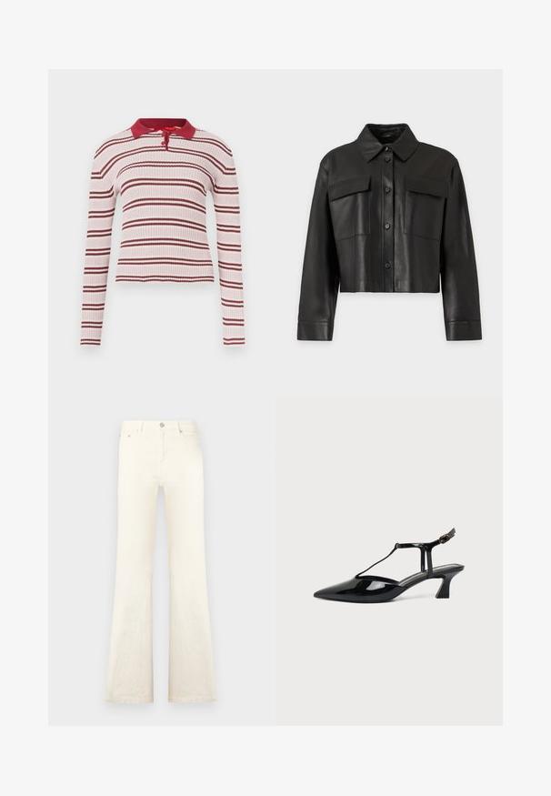 Veste en cuir noire courte avec manches longues, fermeture à boutons sur le devant, col pointu et deux poches poitrine à rabat sur un fond uni.; Haut à manches longues côtelé rose clair avec des rayures horizontales bordeaux, col polo et patte de boutonnage à trois boutons. La texture semble douce et extensible.; Jean en denim blanc évasé avec taille haute, doté de poches avant et d'une fermeture à bouton, texture lisse et détails de couture soignés.; Chaussure slingback en cuir verni noir à bout pointu avec bride en T et petit talon bloc incliné sur fond blanc.