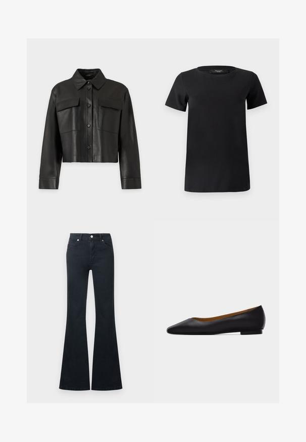 Veste en cuir noire courte avec manches longues, fermeture à boutons sur le devant, col pointu et deux poches poitrine à rabat sur un fond uni.; T-shirt noir à manches courtes en tissu de coton doux, doté d'un col rond et d'un design simple et classique sans ornements.; Jean en denim noir évasé avec une taille haute, cinq poches et une fermeture à bouton métallique. Texture lisse et détails de couture contrastés.; Chaussure plate en cuir noir à bout pointu avec talon bas et finition lisse, vue de côté sur un fond gris clair.