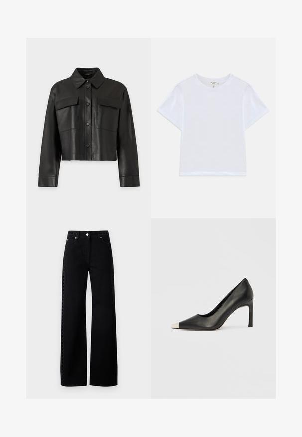 Veste en cuir noire courte avec manches longues, fermeture à boutons sur le devant, col pointu et deux poches poitrine à rabat sur un fond uni.; T-shirt blanc court en coton doux, avec un col rond et des manches courtes, d'ajustement légèrement décontracté. Pas de motifs ni d'accents.; Jean en denim noir à jambes larges avec un accent texturé sur le côté et une fermeture à bouton, doté d'un design classique à cinq poches et d'une finition lisse.; Chaussure à talon haut en cuir noir avec bout pointu et capuchon argenté métallique. Présente une finition lisse et un talon fin de 10 cm.