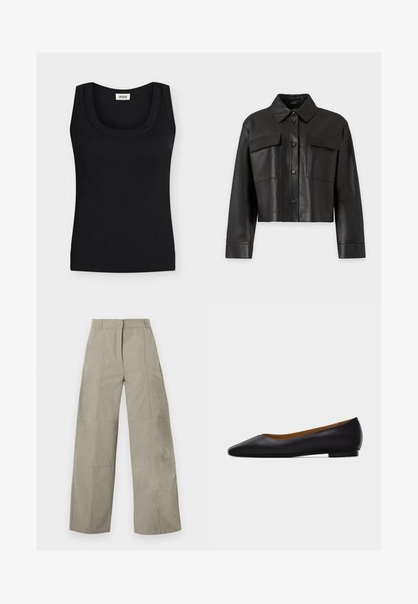 Veste en cuir noire courte avec manches longues, fermeture à boutons sur le devant, col pointu et deux poches poitrine à rabat sur un fond uni.; Débardeur noir côtelé sans manches avec larges bretelles et encolure ronde, étiquette de marque visible à l'intérieur du col.; Pantalon beige à jambes larges avec taille haute, passants pour ceinture, détails de coutures frontales et fermeture avant cachée.; Chaussure plate en cuir noir à bout pointu avec talon bas et finition lisse, vue de côté sur un fond gris clair.