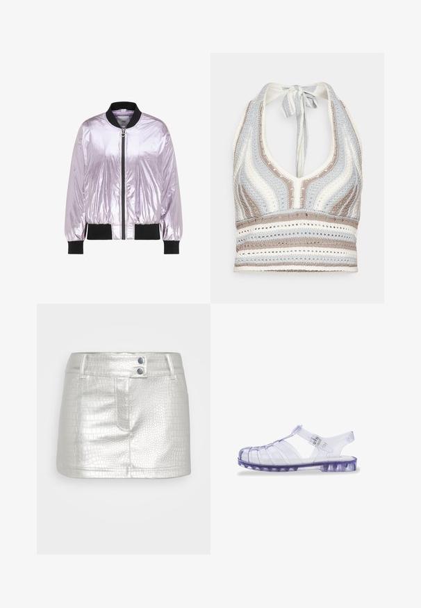 Blouson bomber brillant violet clair avec col, poignets et ourlet côtelés noirs, doté d'une fermeture éclair frontale avec un tirette en forme de cœur.; Haut halter en crochet avec des rayures bleu clair, beige et blanc, doté d'un décolleté en V profond et d'un lien dans le dos. Texture en torsion ouverte sur l'ensemble.; Jupe en cuir synthétique argenté avec un motif crocodile texturé, dotée de deux accents de boutons bleus et d'un design ajusté.; Sandales en plastique transparent violet avec bout fermé, dos ouvert et bride ajustable. Présente des découpes horizontales et verticales.