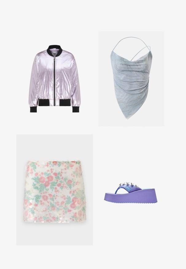 Blouson bomber brillant violet clair avec col, poignets et ourlet côtelés noirs, doté d'une fermeture éclair frontale avec un tirette en forme de cœur.; Haut asymétrique bleu clair à licou avec fines bretelles, agrémenté de petits clous ronds dorés et argentés disposés en motif dispersé.; Tissu blanc à motif floral avec des fleurs pastel roses et vertes, présentant une surface texturée et de légers sequins le long du bord inférieur.; Sandale plateforme violette avec décorations papillon argentées sur la bride et semelle texturée.