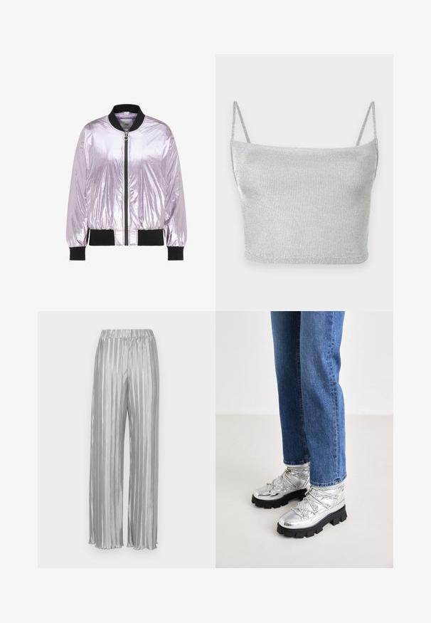 Skinnende lys lilla bomberjakke med sort ribdet krave, manchetter og kant, med en frontlynlås med en hjerteformet træk.; Sølvmetallic strikket cropped top med tynde justerbare stropper. Tætsiddende design og glat tekstur. Ingen mønstre eller synlige hardware-detaljer.; Sølvpleated bukser med elastisk talje, brede ben og en glat metallisk tekstur. Lodrette striber forbedrer den visuelle appel.; Metallic sølv ankelstøvler med en robust sort sål, der har en polstret overdel og snørebånd, kombineret med blå lige ben jeans.