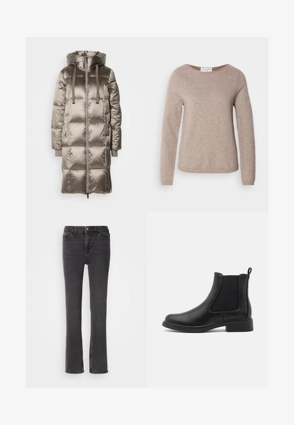 Manteau long rembourré avec un extérieur brillant taupe, une capuche, des accents avec cordon de serrage et des poignets côtelés. Fermeture zippée à l'avant avec poches.; Marc O'Polo LONGSLEEVE ROUND NECK - Pullover - shaded brown melange; Jeans en denim noir à coupe droite, avec des poches avant, une fermeture éclair et des détails de couture subtils. Le tissu a une légère texture.; Bottines Chelsea en cuir noir avec des panneaux latéraux élastiques, bout arrondi et un petit talon en bloc. Texture lisse et design minimaliste.
