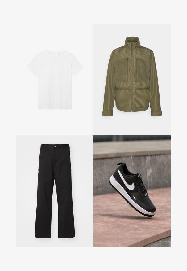 Jack & Jones JCOFILO - Leichte Jacke - olive; Weißes Baumwoll-T-Shirt mit Rundhalsausschnitt, kurzen Ärmeln und einem dezenten Logo auf der Brust. Glatte Textur und normale Passform.; Schwarze Hose aus strapazierfähigem Material mit geradem Schnitt, ausgestattet mit einem vorderen Knopfverschluss, Gürtelschlaufen und ohne sichtbare Muster oder Akzente.; Schwarz-weißer Nike Air Force 1 Sneaker, der über einer rosa Betonfläche mit grauem Stein-Hintergrund schwebt.