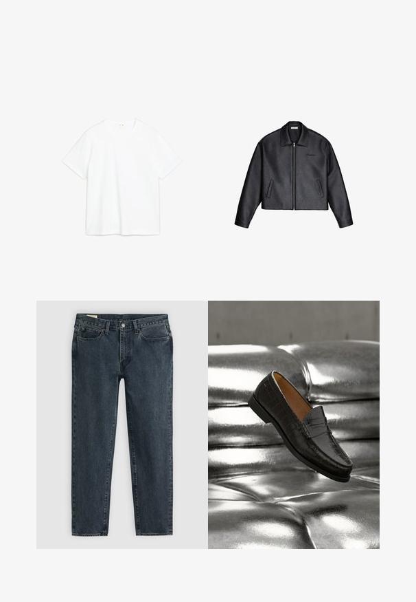 Veste en cuir noire à fermeture éclair avec col, deux poches avant, et "Interdit" brodé sur le côté gauche de la poitrine.; T-shirt en coton blanc avec des manches courtes, col rond, coupe droite. Texture lisse, sans motifs ni accents visibles. Design simple et minimal.; Jean en denim bleu foncé avec une coupe droite, cinq poches et une fermeture à bouton. Un léger délavage ajoute de la texture au tissu.; Mocassin en cuir noir à motif crocodile flottant au-dessus d'un canapé argenté brillant à capitonnage, mettant en valeur les détails et la texture de la chaussure en gros plan.