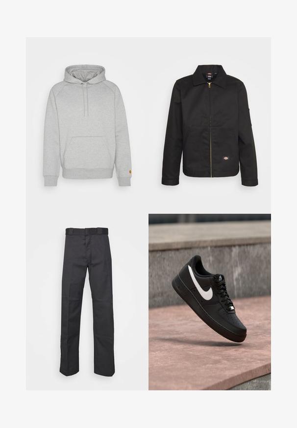 Sort zip-up jakke med krave, der har to forlommer og et lille logo på den nederste del. Lavet af kraftigt stof med en glat overflade.; Grå hættetrøje med kængurulomme, ribbede manchetter og kant, med et logo-patch på venstre ærme. Blød stoftekstur.; Sorte bukser lavet af holdbart stof, med et lige ben-design, en talje med bæltesløjfer og sømme for ekstra struktur.; Sort Nike Air Force 1-sneaker med hvid swoosh-logo, svævende over en stenovertflade med en grå tekstureret væg i baggrunden.