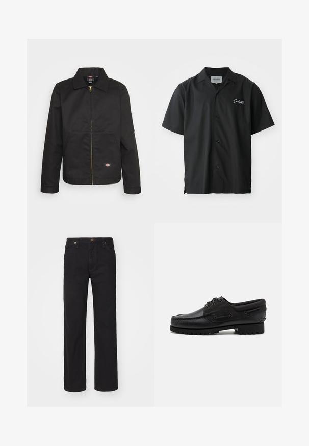Schwarze Zip-Jacke mit Kragen, ausgestattet mit zwei Fronttaschen und einem kleinen Logo an der unteren Seite. Hergestellt aus strapazierfähigem Stoff mit glatter Textur.; Schwarzes kurzärmliges Hemd mit Knopfleiste und Campkragen, ausgestattet mit einem weißen gestickten Logo auf der Brust und einer lässigen Passform.; Schwarze Straight-Leg-Denim-Jeans mit vorderen Taschen, Gürtelschlaufen und Knopfverschluss auf schlichtem Hintergrund.; Schwarzer Schuh mit einem Obermaterial aus Leder, textilen Akzenten, runden Schnürsenkeln und einer strukturierten Gummisohle. Verfügt über Mokassin-Nähte und eine Markeninschrift.