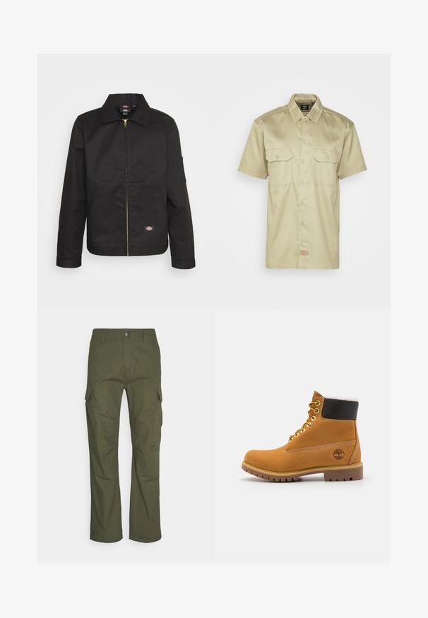 Sort zip-up jakke med krave, der har to forlommer og et lille logo på den nederste del. Lavet af kraftigt stof med en glat overflade.; Kortærmet, khaki knap-up skjorte med krave, to brystlommer og et lille broderet logo ved kanten. Glat stofstruktur.; Cargo bukser i mørke olivengrøn med flere sidelommer, lige snit og et slidstærkt stof med en tekstureret overflade.; Brune læder ankelstøvle med metaløjer, hvid pelsforing, sort polstret krave, robust sål og præget logo på siden.