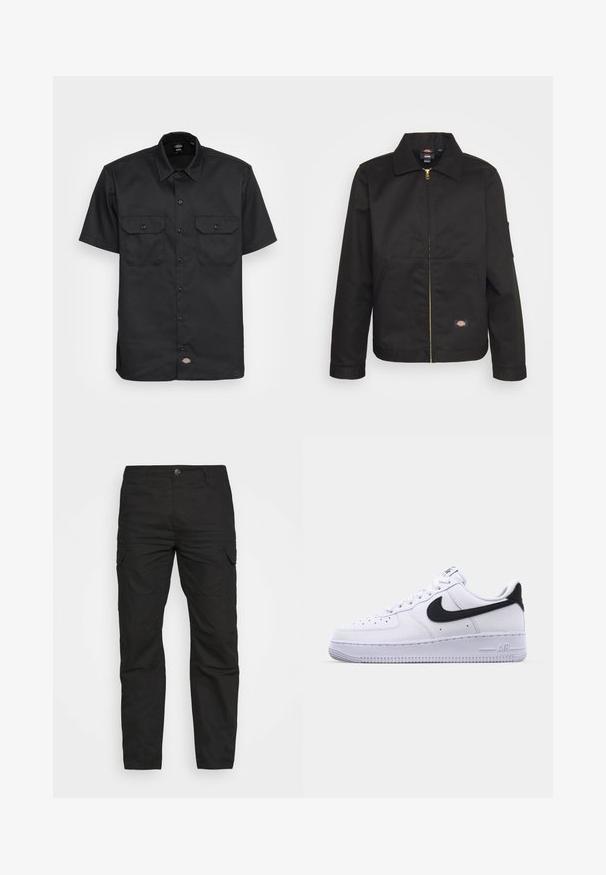 Veste noire zippée avec un col, dotée de deux poches avant et d'un petit logo sur le côté inférieur. Fabriquée en tissu résistant avec une texture lisse.; Chemise noire à manches courtes en tissu lisse ; présente deux poches poitrine avec rabat, fermeture à bouton et un col classique.; Pantalons cargo noirs avec une coupe droite, plusieurs poches et une fermeture à bouton, fabriqués en tissu coton durable.; Sneaker en cuir blanc avec un Swoosh noir texturé, des lacets plats et une semelle en caoutchouc avec un motif strié. "AIR" est embossé sur le talon.