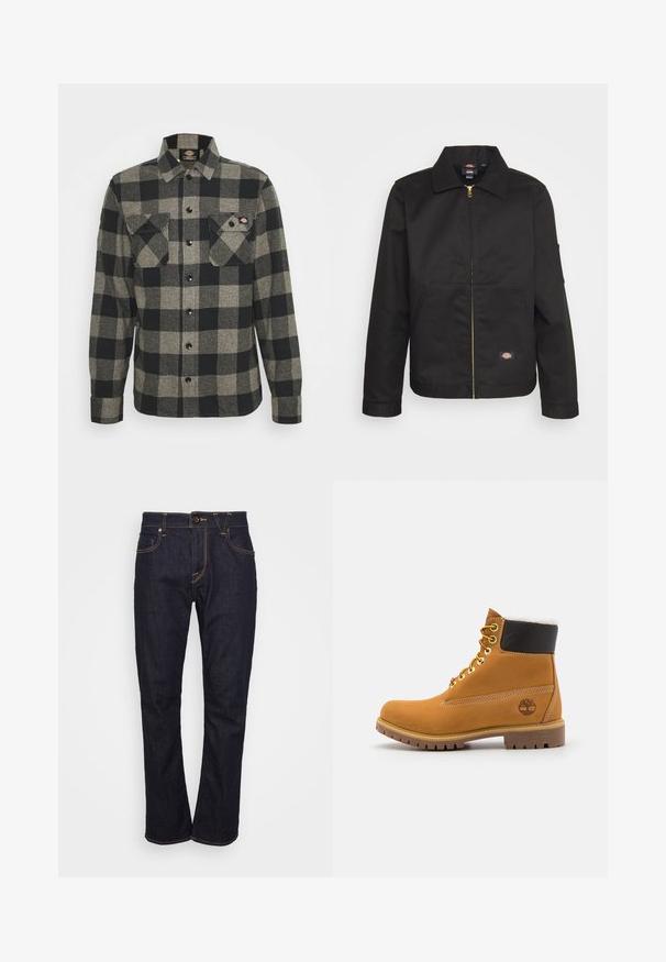 Veste noire zippée avec un col, dotée de deux poches avant et d'un petit logo sur le côté inférieur. Fabriquée en tissu résistant avec une texture lisse.; Chemise en flanelle à carreaux noirs et gris, à manches longues, à boutonnière à l'avant, avec deux poches sur la poitrine et un ourlet légèrement arrondi. Tissu texturé.; Jean en denim bleu foncé avec une coupe droite, présentant des coutures orange, cinq poches et une fermeture à bouton sur le devant. Texture lisse.; Bottine en cuir brun avec œillets en métal, doublure en fourrure blanche, col rembourré noir, semelle robuste et logo en relief sur le côté.