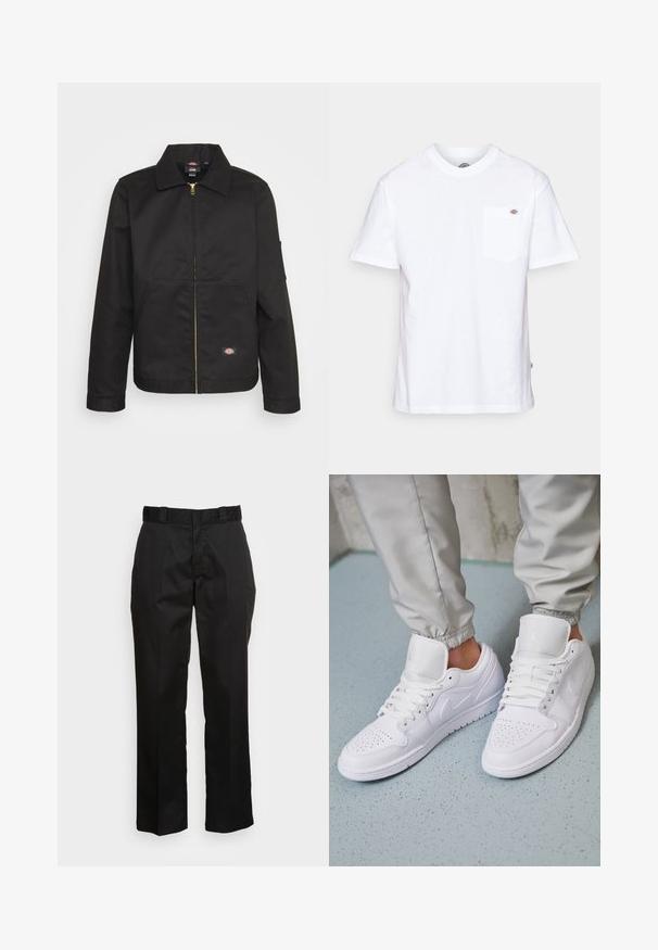 Veste noire zippée avec un col, dotée de deux poches avant et d'un petit logo sur le côté inférieur. Fabriquée en tissu résistant avec une texture lisse.; T-shirt en coton blanc avec un col rond, des manches courtes et une poche poitrine arborant un petit logo de la marque sur le côté gauche.; Pantalons noirs en tissu lisse, avec une coupe droite, des passants de ceinture et deux poches latérales. Look classique sans embellissements.; Des baskets en cuir blanc présentent une zone de perforation à l'avant, des lacets plats, un col rembourré et le logo Jordan sur la languette. Portées avec un pantalon de jogging gris.