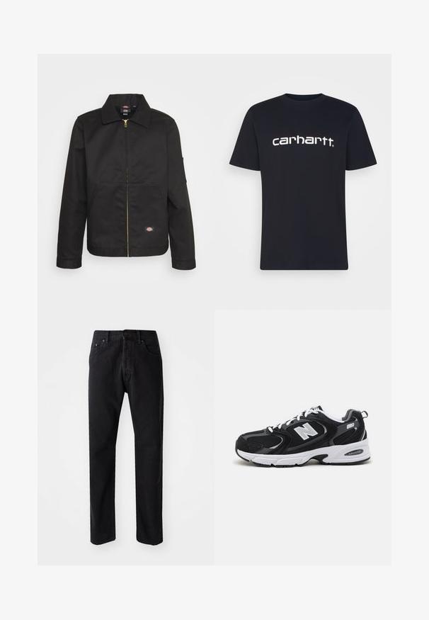 Veste noire zippée avec un col, dotée de deux poches avant et d'un petit logo sur le côté inférieur. Fabriquée en tissu résistant avec une texture lisse.; T-shirt en coton noir à manches courtes et col rond ; arbore le logo "carhartt" blanc imprimé sur la poitrine. Texture lisse, design simple.; Jeans en denim noir coupe droite, avec cinq poches et une fermeture à bouton. Présente des coutures visibles et un tissu doux et texturé.; Baskets de sport noires et grises avec un tige en mesh et en suède, présentant une semelle intermédiaire blanche, des lacets et un logo "N" audacieux sur le côté.