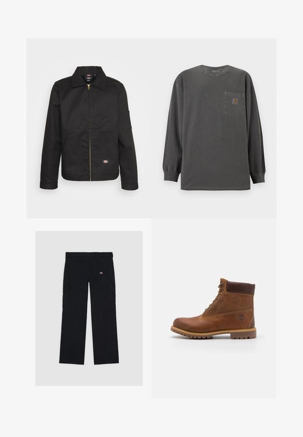 Sort zip-up jakke med krave, der har to forlommer og et lille logo på den nederste del. Lavet af kraftigt stof med en glat overflade.; Mørkegrå langærmet rundhals-shirt med brystlomme med et lille Carhartt-logo på lommen.; Sorte cargo-bukser lavet af bomuld, med flere lommer, en glat tekstur og et logo-patch på den højre baglomme.; Brun læder vandrestøvle med en glat finish, polstret ankel, metalliske snørehuller og en gummisål med et robust dækmønster.