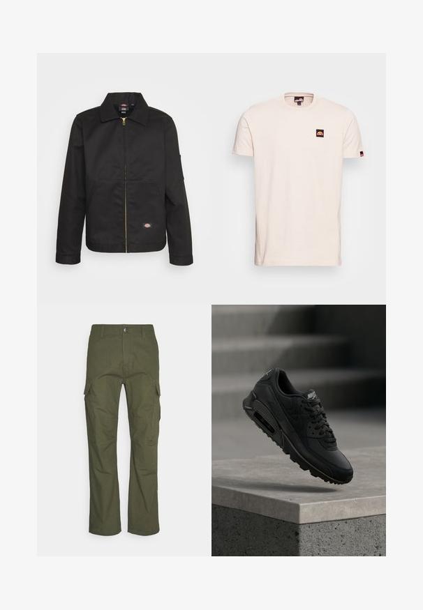 Sort zip-up jakke med krave, der har to forlommer og et lille logo på den nederste del. Lavet af kraftigt stof med en glat overflade.; Kortærmet beige t-shirt lavet af bomuld, med et lille sort og rødt logo patch på venstre bryst og logo detaljer på ærmerne.; Cargo bukser i mørke olivengrøn med flere sidelommer, lige snit og et slidstærkt stof med en tekstureret overflade.; Sort Nike Air Max 90 sneaker har et kombineret materiale af læder og mesh, runde snørebånd og en synlig air-enhed i sålen.