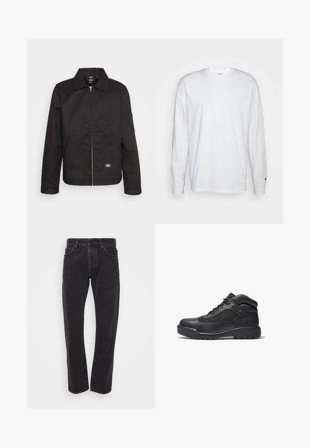 Schwarze Zip-Jacke mit Kragen, ausgestattet mit zwei Fronttaschen und einem kleinen Logo an der unteren Seite. Hergestellt aus strapazierfähigem Stoff mit glatter Textur.; Weißes Langarm-T-Shirt aus Baumwolle. Rundhals-Design mit gerippten Bündchen und kleinem Logo auf dem linken Ärmel. Glatte Textur.; Schwarze gerade geschnittene Jeans für Herren mit vorderem Knopf und Reißverschluss, fünf Taschen und Gürtelschlaufen auf einem schlichten weißen Hintergrund.; Schwarze Wanderstiefel aus Leder und Mesh, mit gepolstertem Kragen, Schnürverschluss, Gummisohle mit Profil und geprägtem Logo.