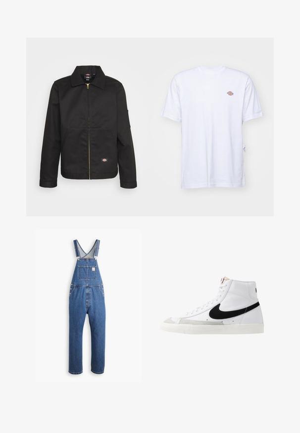 Zwarte zip-up jas met een kraag, voorzien van twee voorkruimelpockets en een klein logo aan de onderkant. Gemaakt van stevig materiaal met een gladde textuur.; Witte katoenen t-shirt met een v-hals en korte mouwen. Kenmerkt zich door een klein kleurrijk geborduurd logo op de linkerkant van de borst. Zachte textuur.; Denim tuinbroek in medium blauw, met verstelbare schouderbanden, een borstzak en metalen hardware. Het heeft een relaxte pasvorm en een recht model.; Witte hoge sneakers met een zwarte swoosh, textuur grijze neus en een vlakke witte zool. Kenmerkt zes veteropeningen en gestikte accenten.