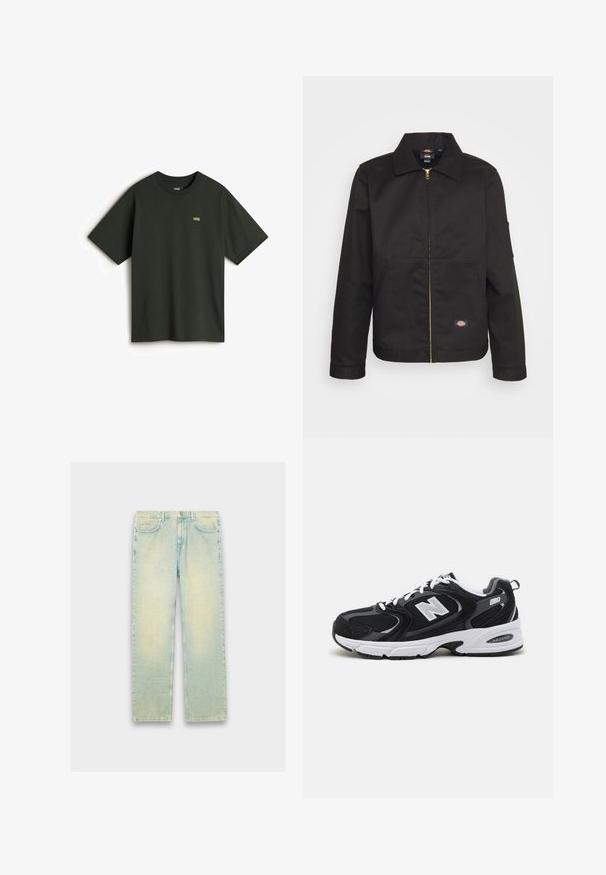 Sort zip-up jakke med krave, der har to forlommer og et lille logo på den nederste del. Lavet af kraftigt stof med en glat overflade.; Vans T-shirts basic - dark green; Lyseblå denimjeans med løs pasform, fem lommer, lynlås og en slidt finish langs lår og knæ.; Sorte og grå sportssko med mesh og ruskind på overdelen, der har en hvid mellemsål, snørebånd og et iøjnefaldende "N" logo på siden.