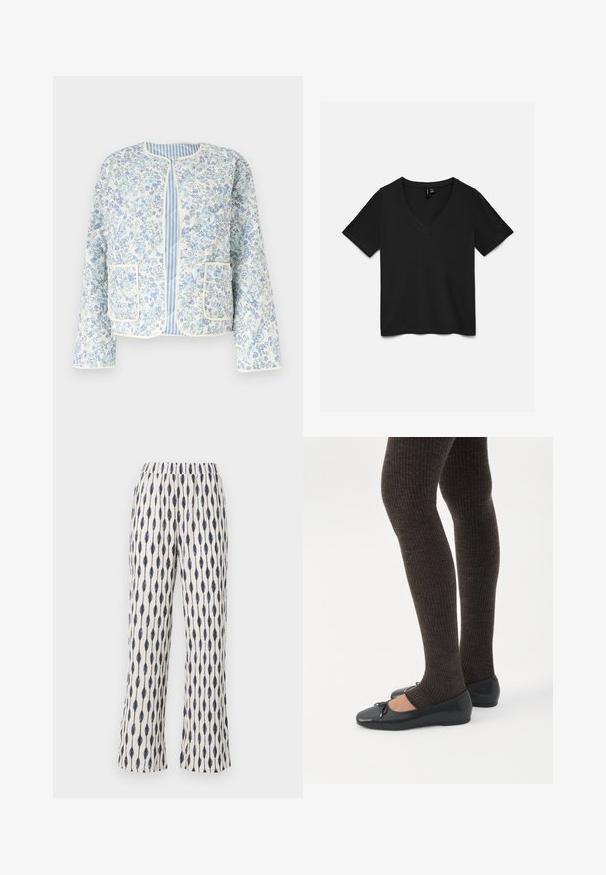 Veste matelassée bleu clair à motif floral avec galon blanc, deux poches avant et doublure intérieure rayée bleu et blanc, sans col, manches longues.; T-shirt noir à manches courtes et col en V posé à plat, montrant le côté avant avec un design simple sans motifs ni logos visibles.; Un pantalon large en tissu crème, présentant un motif répétitif de gouttes d'eau bleu marine. La taille élastique et la texture douce accentuent le confort.; Jambes portant des leggings côtelés foncés associés à des ballerines noires avec de petits détails en nœud sur fond blanc.