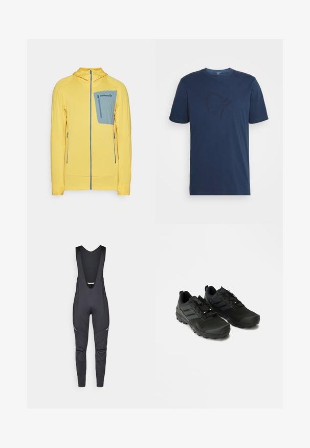 Gul zip-up jakke med et tekstureret mønster, der har en blå brystlomme og sidelommer. Hætte-design med kontrastdetaljer.; Norrøna /29 COTTON VIKING T-SHIRT - T-shirts print - indigo night/sky captain; Vaude MENS MATERA WARM - Bib-leggings - black; Sorte atletiske sko med en struktureret overdel, holdbar gummisål og diskrete reflekterende detaljer; har et snøresystem for en sikker pasform.