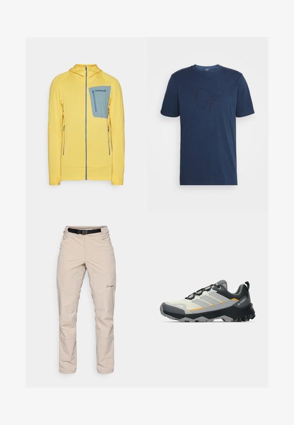 Gelbe Zip-Jacke mit einem strukturierten Muster, ausgestattet mit einer blauen Brusttasche und Seitentaschen. Kapuzen-Design mit kontrastierenden Akzenten.; Norrøna /29 COTTON VIKING T-SHIRT - T-Shirt print - indigo night/sky captain; Beige Outdoor-Hosen mit schwarzem Gürtel, Reißverschlusstaschen und geradem Bein. Hergestellt aus leichtem, wasserabweisendem Material.; Hellgraue Trail-Schuhe mit schwarzen und orangen Akzenten, strukturiertem Obermaterial, verstärkter Zehenpartie und einer robusten, profilierten Außensohle für besseren Halt.