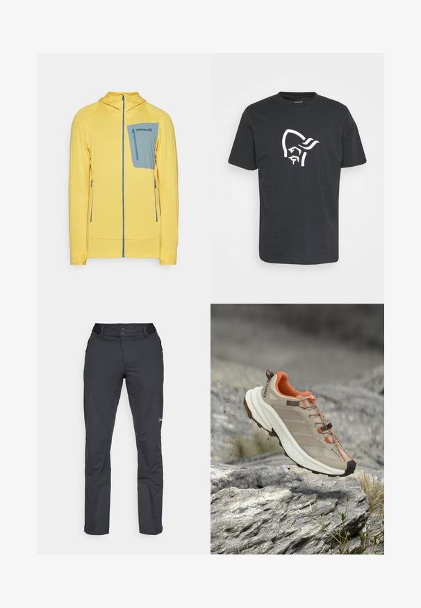 Gul zip-up jakke med et tekstureret mønster, der har en blå brystlomme og sidelommer. Hætte-design med kontrastdetaljer.; Sort bomulds t-shirt med et stort hvidt grafik af et stiliseret ansigt med et hovedbeklædning på fronten. Klassisk rund halsudskæring og korte ærmer.; Berghaus RIDGE ROAMER - Outdoorbukser - black; Beige og orange vandresko med tyk sål, GORE-TEX-mærke og "TERREX"-branding, vist over klippefyldt terræn.