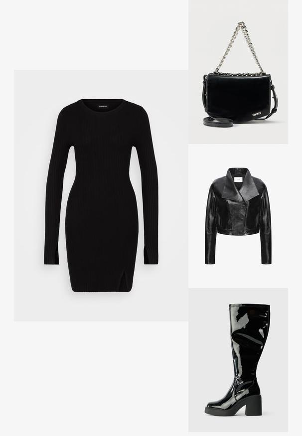 Chaqueta de cuero negro recortada con un amplio cuello, cierre de botones y un acabado suave; presenta hombros estructurados y mangas ajustadas.; Vestido de punto negro con canalé, mangas largas, escote redondo, aberturas laterales y silueta ajustada, que muestra una textura suave y un diseño minimalista.; Botas de charol negras hasta la rodilla con una superficie lisa y brillante, punteras cuadradas y tacones gruesos negros. Detalles de costura a lo largo del costado.; Bolso bandolera de piel negra patentada con una cadena plateada y una correa de hombro desmontable, con un diseño sencillo y el logo de DKNY.
