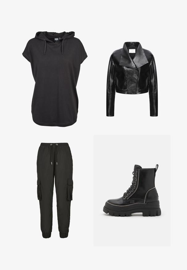 Kurze schwarze Lederjacke mit breitem Kragen, Druckknopfverschluss und glatter Oberfläche; verfügt über strukturierte Schultern und schmale Ärmel.; Schwarzes Kapuzenshirt mit kurzen Ärmeln, aus weichem Stoff gefertigt. Verfügt über verstellbare Kordeln und eine lockere Passform. Einfaches Design, ohne Muster.; Schwarze Cargo-Hosen aus leichtem Material, mit elastischem Bund, verstellbarem Kordelzug, Seitentaschen und gerippten Bündchen.; Schwarze Leder-Ankle-Boots mit einer massiven Gummisohle, mit Schnürung an der Vorderseite, seitlichem Reißverschluss und silbernen Reißverschlusselementen.