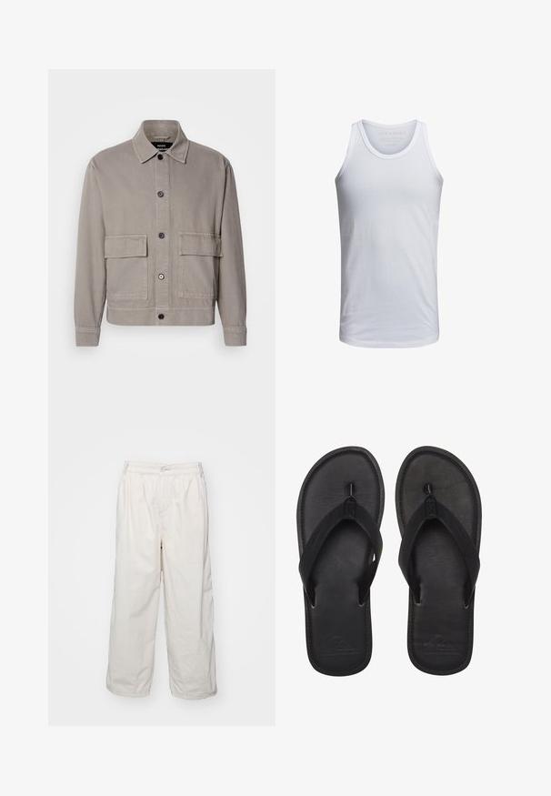 Chaqueta de botón gris claro con cuello puntiagudo y dos grandes bolsillos con solapa en la parte frontal, mangas largas y detalles de costura visibles.; Top de tirantes de algodón blanco con cuello redondo, tirantes anchos y un logo minimalista impreso dentro del cuello. Textura suave, ajuste casual.; Pantalones de algodón blancos de pernera ancha con cinturilla elástica, con cierre de botón en la parte delantera y bolsillos laterales. Textura suave y diseño minimalista.; Chanclas negras hechas de material suave, con una tira estilo thong, planta texturizada y logo en relieve en la suela.