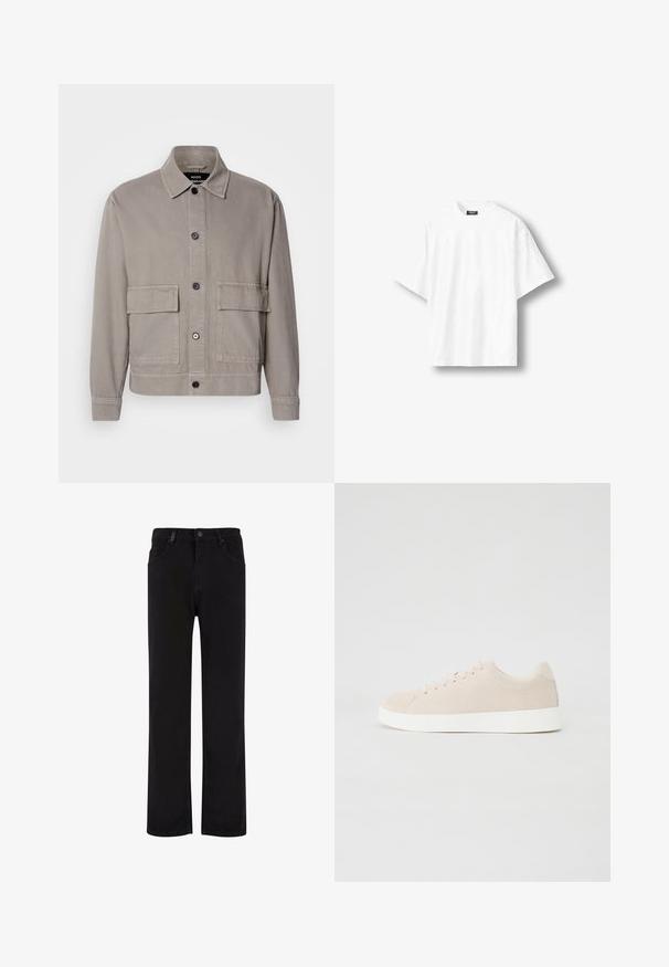 Lys grå skjortejakke med spidse kraver og to store klaplommer foran, lange ærmer og synlige syninger.; Hvid T-shirt med korte ærmer og rund hals med et sort mærke på indersiden af kraven, vist mod en hvid baggrund.; Sorte denimbukser med lige ben design, der har en knaplukning, bælteløjfer og forlommer. Glat tekstur og ensartet farve.; Beige ruskindsneakers med hvide gummisåler, rund tå og seks snøringshuller. Glat tekstur med minimalisk design.
