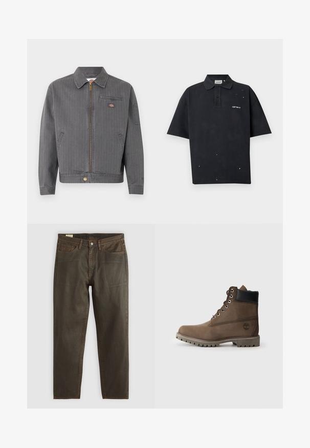 Graue Arbeitsjacke zum Reißverschluss mit Kragen, Brusttasche mit Reißverschluss, Seitentaschen und kleinem Logoaufnäher auf Brust und Ärmel.; Schwarzes Polohemd mit kurzen Ärmeln, Kragen, dreiknöpfiger Knopfleiste, weißen Farbspritzern und weißem "Carhartt"-Logo auf der linken Brust.; Dunkelgrüne Denim-Jeans mit geradem Schnitt, ausgestattet mit kupferfarbenen Nähten, einem klassischen Fünf-Taschen-Design und einem Knopfverschluss.; Braune Leder-Stiefelette mit schwarzem Kragen, Metallösen und robustem grauen Sohlen. Verfügt über ein Logo an der Seite und genähten Details.