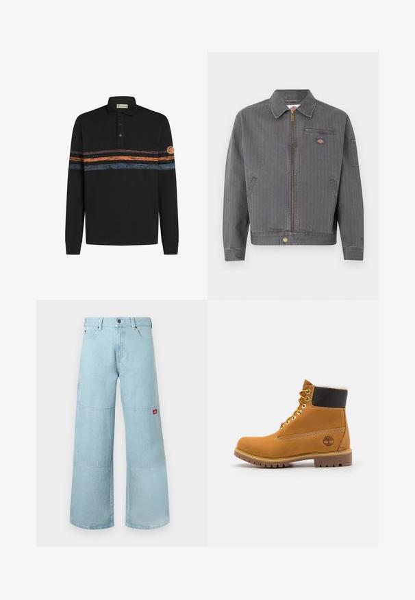 Grå arbejdsjakke med lynlås, krave, brystlomme med lynlås, sidelommer og et lille logopatch på brystet og ærmet.; Sort langærmet polo-shirt med et struktureret horisontalt stribemønster i orange og blå, med et logo-patch på venstre ærme.; Lyseblå vidde jeans i denim med kontrastpatches. Har en frontknaplukning og en lille logopatch på sidelommen.; Brune læder ankelstøvle med metaløjer, hvid pelsforing, sort polstret krave, robust sål og præget logo på siden.
