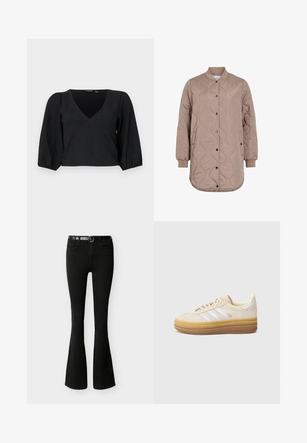 Lang beige quiltet jakke med trykknapper foran, ribstrikkede manchetter og krave samt to sidelommer.; Sort, tekstureret pullover med V-udskæring, der har lange, pufærmer og en omslagstype design.; Sorte højtaljede flare jeans med fem lommer og et sort bælte med en rund sølvspænde.; Beige ruskindssneaker med tre hvide striber, en struktureret tanfarvet sål og guldbranding. Har en rundet tå og en blød polstret krave.