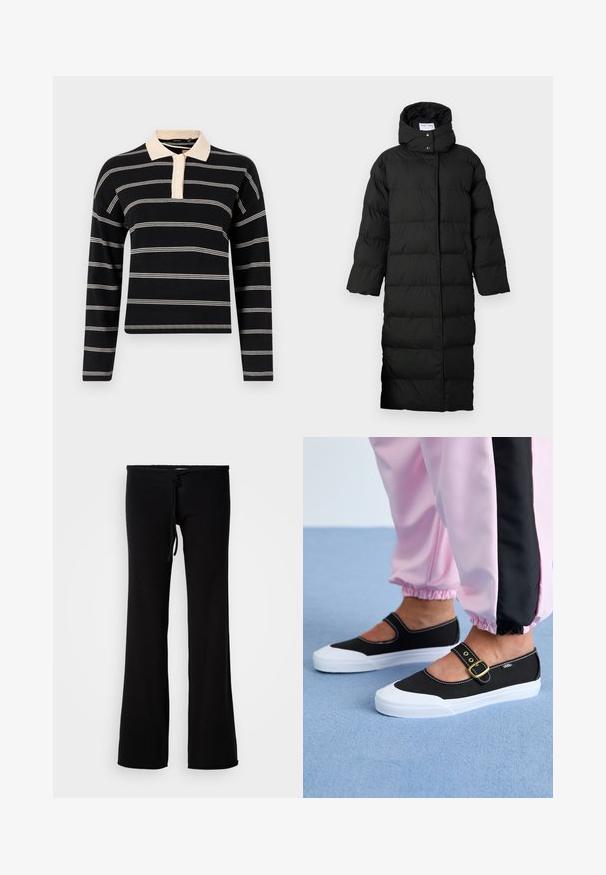 Must must coat, mille kitsa, sirge disainiga, mis on varustatud kõrge kraega, nööbiga kinnitamisega ja tepitud tekstuuriga isolatsiooniks.; Must teeš pikkade varrukatega poloko shirt musta värviga, millel on kreemja värvi horisontaalsed triibud, sisaldab kreemjat kraed ja kolme nupuga lukku. Pehme kudumise tekstuur.; Mustad flared püksid pehmest kangast, millel on elastne vöökoht ja reguleeritav nöör, sile tekstuur ja ilma mustriteta.; Mustad mustad jalanõud valge tallaga, millel on lõikekujundus ja kuldne pannal. Kombineeritud roosade treeningpükstega.