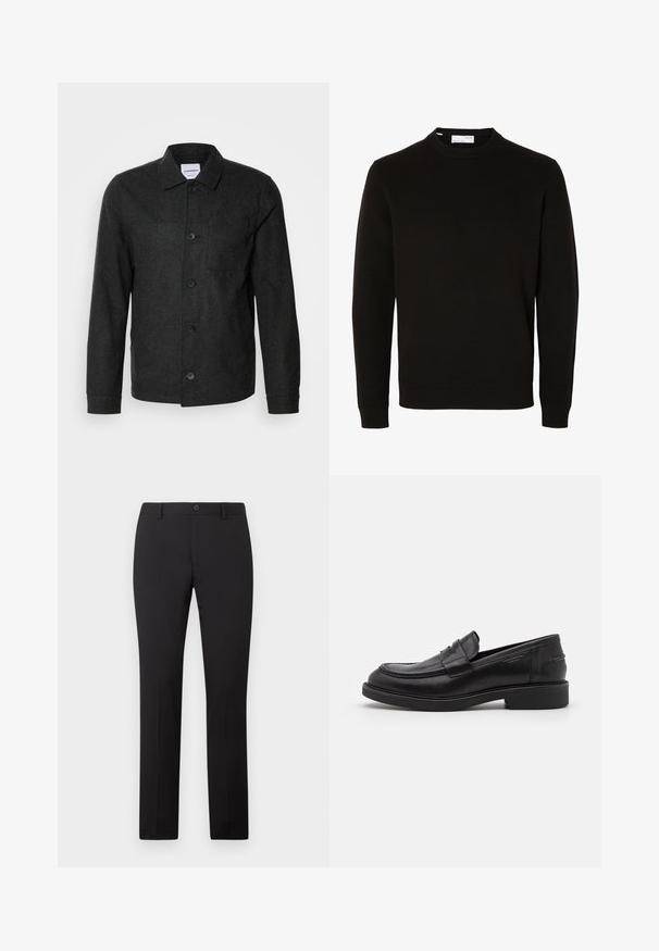 Lindbergh Veste légère - black melange; Pull en maille noir à manches longues, col rond, avec poignets et bas côtelés, présenté sur un fond blanc uni.; Pantalon noir sur mesure avec une coupe droite, doté d'une fermeture à bouton et de passants pour ceinture. Confectionné dans un tissu lisse sans motifs apparents.; Mocassins en cuir noir avec un bout arrondi, des coutures ton sur ton et un détail de sangle à l'avant. Semelle en caoutchouc avec un petit talon.