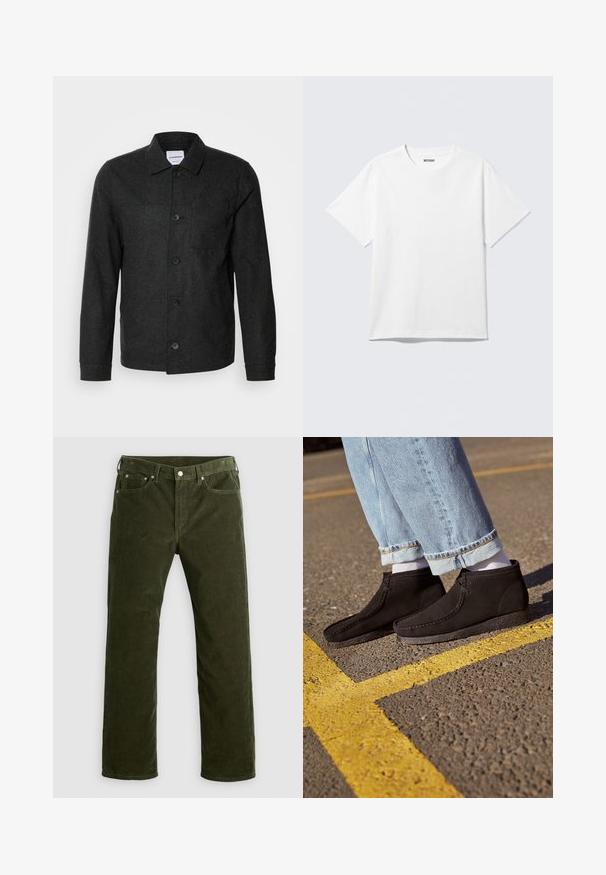 Lindbergh Leichte Jacke - black melange; Weißes T-Shirt mit kurzen Ärmeln und Rundhalsausschnitt, flach liegend, schlichtes Design, mit „WEEKDAY“-Etikett innen im Kragen auf hellem Hintergrund.; Olivgrüne Kordhosen mit geradem Schnitt, vorderem Knopf, Reißverschluss, Gürtelschlaufen und fünf Taschen auf einem weißen Hintergrund.; Schwarze Wildleder-Ankle-Boots mit glatter Textur, abgerundetem Zeh und genähten Details. Kombiniert mit hellblauen, hochgekrempelten Jeans und weißen Socken.