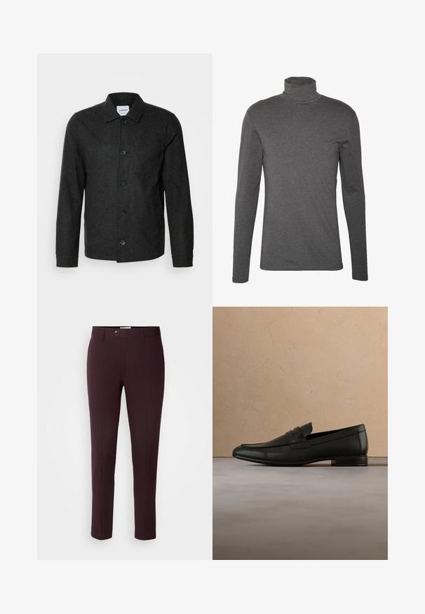 Lindbergh Chaqueta fina - black melange; Camisa de cuello alto de manga larga en gris, hecha de una tela suave, con un diseño ajustado y detalles de costura mínimos alrededor del cuello y los puños.; Pantalones burdeos oscuros de corte slim, con cierre de botón, trabillas para cinturón y pliegues frontales. Tela suave con un diseño elegante.; Zapato mocasín de cuero negro flotando sobre una alfombra beige con un sofá beige en un ambiente interior minimalista.