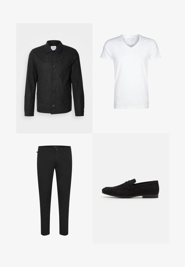 Lindbergh Lichte jas - black melange; Witte V-hals t-shirt gemaakt van zachte katoen. Korte mouwen, een relaxte pasvorm en minimale stiksels. Geen patronen of grafische afbeeldingen aanwezig.; Zwarte broek van gladde stof. Heeft een knoopsluiting, lussen voor een riem en een slim fit ontwerp met taps toelopende pijpen. Geen zichtbare patronen.; Zwarte suède instappers met een gestikte naad, vlakke rubberen zool en een kleine voorklep. Het ontwerp is minimalistisch en gestroomlijnd.