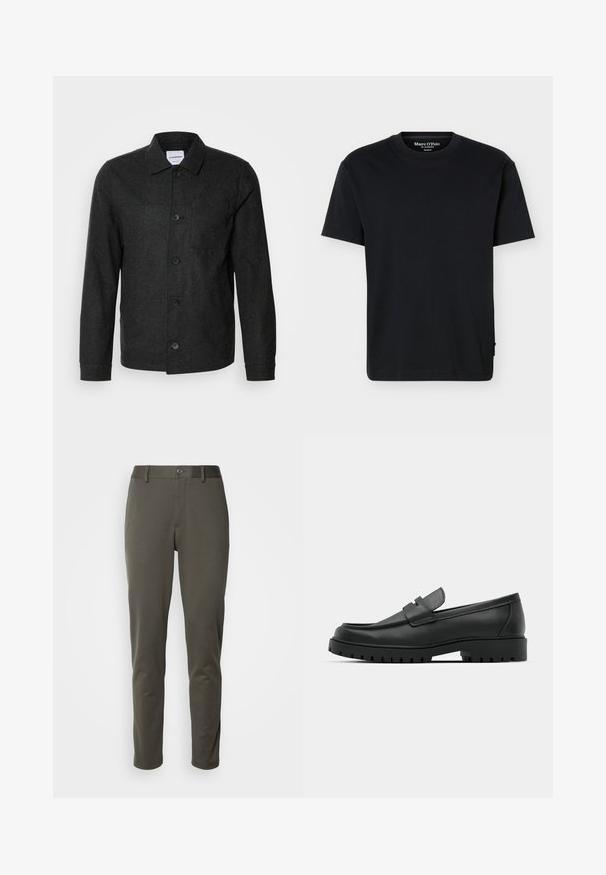 Lindbergh Veste légère - black melange; T-shirt noir à manches courtes avec col rond, coupe décontractée et marquage Marc O’Polo à l'intérieur du col sur un fond uni.; Pantalons vert olive en tissu extensible, avec une taille à boutons, coupe slim et jambes droites, sans motifs ni éléments métalliques visibles.; Mocassins en cuir noir à bout arrondi, avec un design cousu, une semelle plateforme basse et une semelle en caoutchouc texturée et crantée.