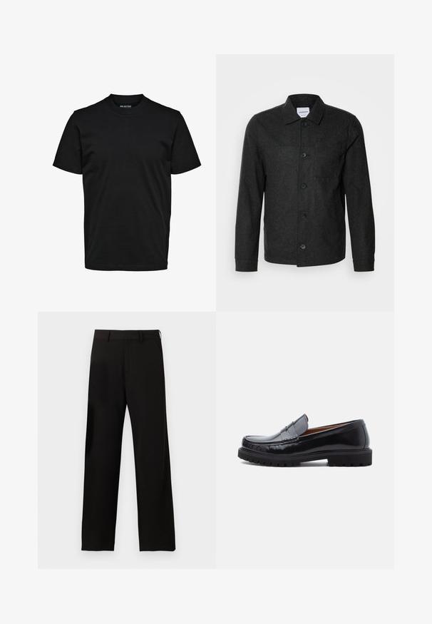 Lindbergh Leichte Jacke - black melange; Schwarzes, schlichtes T-Shirt mit kurzen Ärmeln, Rundhalsausschnitt und regulärer Passform ohne sichtbare Muster oder Logos.; Schwarze, gerade geschnittene Hose mit Gürtelschlaufen und seitlichen Taschen auf einfachem weißem Hintergrund.; Schwarze Leder-Penny-Loafer mit strapazierfähiger Gummisohle und Mokassin-Stich, seitlich auf einem weißen Hintergrund dargestellt.