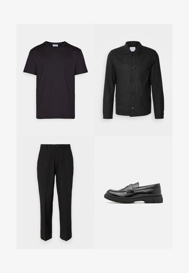 Lindbergh Lichte jas - black melange; Zwarte T-shirt met korte mouwen van glad katoen, met een ronde halslijn en een subtiele logotag op de borst. Eenvoudig en klassiek ontwerp.; Zwarte broeken van soepele stof, met een rechte pijpconstructie, vo pockets, een enkele knoopsluiting en geen zichtbare patronen.; Zwarte leren instapper met een brede band over de voet, rubberen zool met dikke noppen en een gladde textuur. Klassiek, strak ontwerp.
