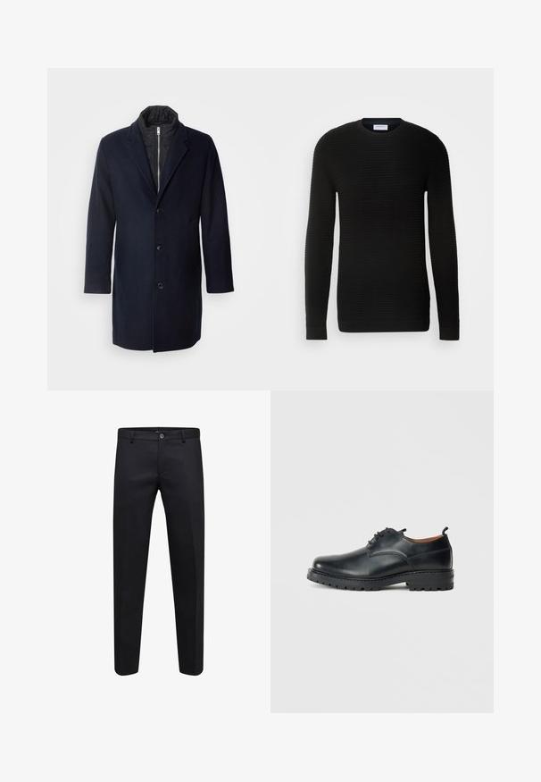 Manteau en mélange de laine marine avec un col à revers, cinq boutons sur le devant, poches latérales et une doublure intérieure isolante noire. Design mi-long.; Pull noir à manches longues avec une texture côtelée, col rond et poignets ajustés. Fabriqué dans un matériau doux et extensible.; Pantalon formel noir avec boutonnière et fermeture éclair, coupe droite et passants de ceinture, présenté sur fond blanc.; Chaussures derby en cuir noir avec une texture lisse, bout rond, design à lacets et une semelle en caoutchouc épaisse et robuste.