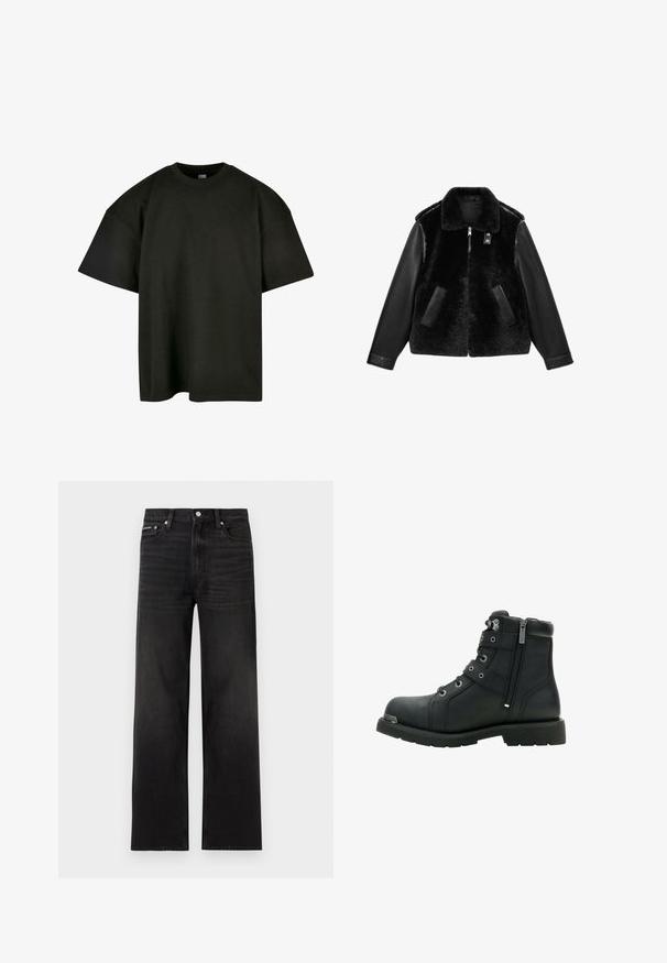 Sort jakke med en plysset krop og læderærmer. Den har en trykknaplukning, to sidelommer og en krave.; Sort oversized t-shirt i blød bomuld. Har en rund crew neckline og korte ærmer, med en glat tekstur og minimalistisk design.; Sorte jeans med lige ben, fem-lomme design, bæltestropper og knaplukning, vist på en hvid baggrund.; Sort læder ankelstøvle med en rund tå, metaløjer, lynlås på siden og gummisål. Har dekorative stropper og en forstærket tå.
