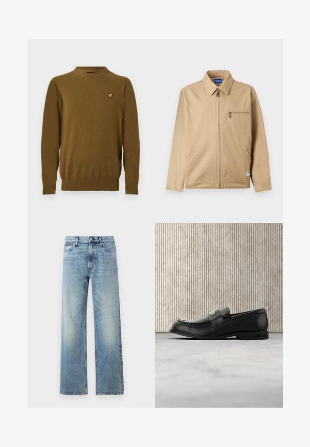 Veste beige zippée avec col pointu, poche poitrine zippée sur la gauche, deux poches latérales et une petite étiquette de marque près de l'ourlet.; Pull marron à manches longues et col rond avec des poignets et un ourlet côtelés, arborant un petit logo oiseau jaune sur le côté gauche de la poitrine.; Jean droit en denim bleu clair avec taille haute, cinq poches, fermeture à boutons et léger délavage sur les cuisses et les genoux.; Mocassin en cuir noir avec une plaque de marque en métal reposant près d'une table ronde marron sur un sol recouvert de moquette beige.