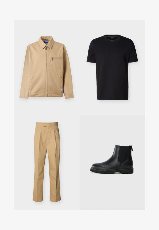 Beige jas met rits en puntkraag, een borstzak met rits aan de linkerkant, twee zijzakken en een klein merkje nabij de zoom.; Zwart T-shirt met korte mouwen en een ronde hals, met een klein groen "BOSS" label aan de binnenkant van de kraag.; Beige broek van glad katoen met een hoge taille, voorzien van plooien aan de voorkant en rechte pijpen. Geen zichtbare hardware of patronen.; Zwarte leren enkellaars met elastische zijkanten, ronde neus en een robuuste rubberen zool met diepe profielen voor grip.